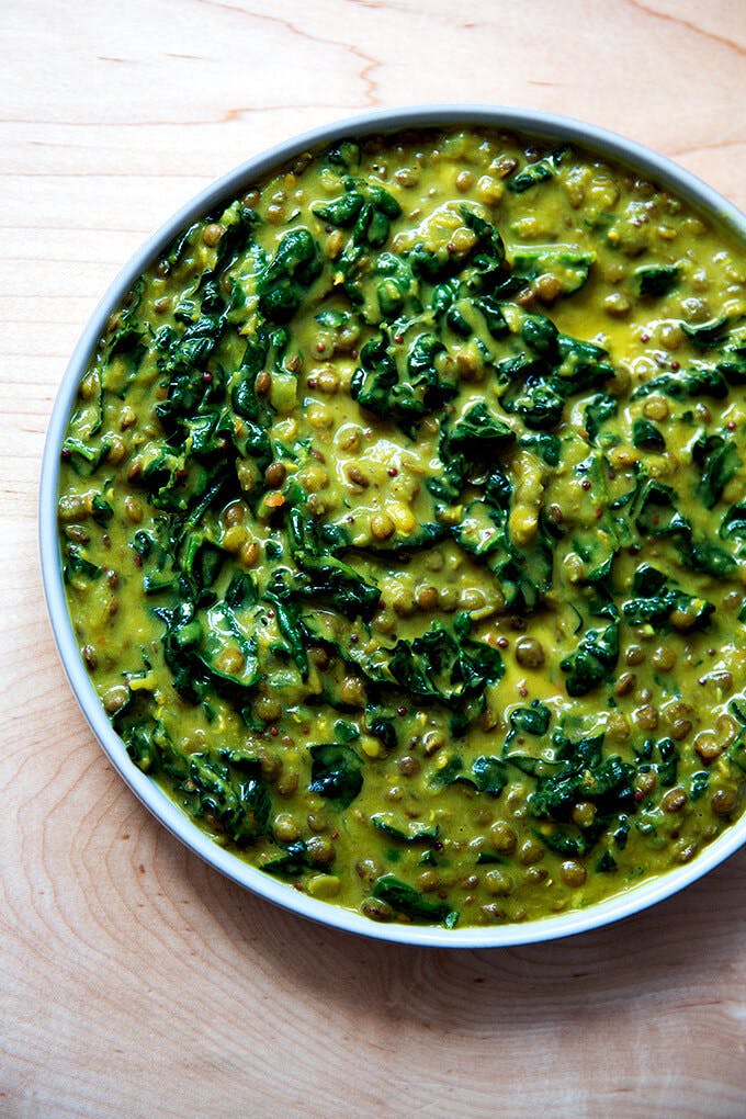 Curried lentils with kale and coconut milk.