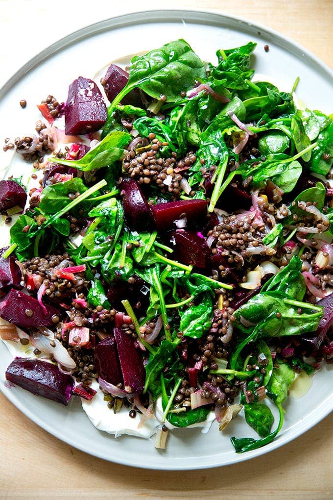 Black lentils with beets, spinach, and labneh. 