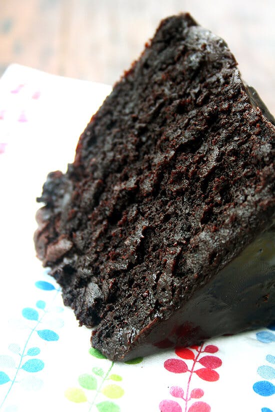 Double chocolate cake with black velvet icing. 