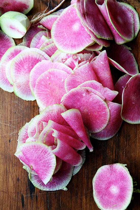 Shaved watermelon radishes.