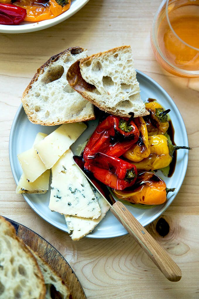 Balsamic roasted peppers with cheese and bread. 