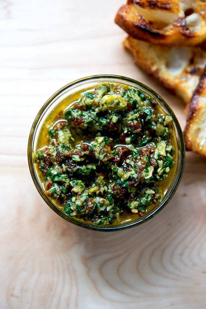 Sun-Dried Tomato Pesto with Crostini. 