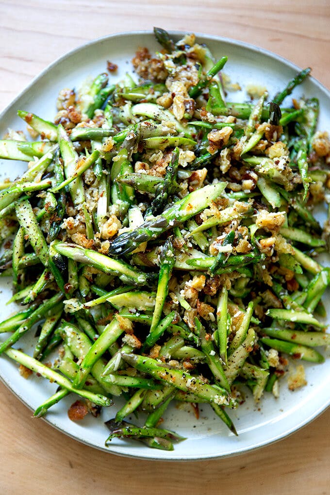 Raw asparagus salad with walnuts and parmesan.