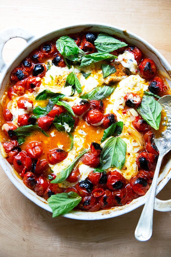 Baked Feta with Cherry Tomatoes & Basil. 