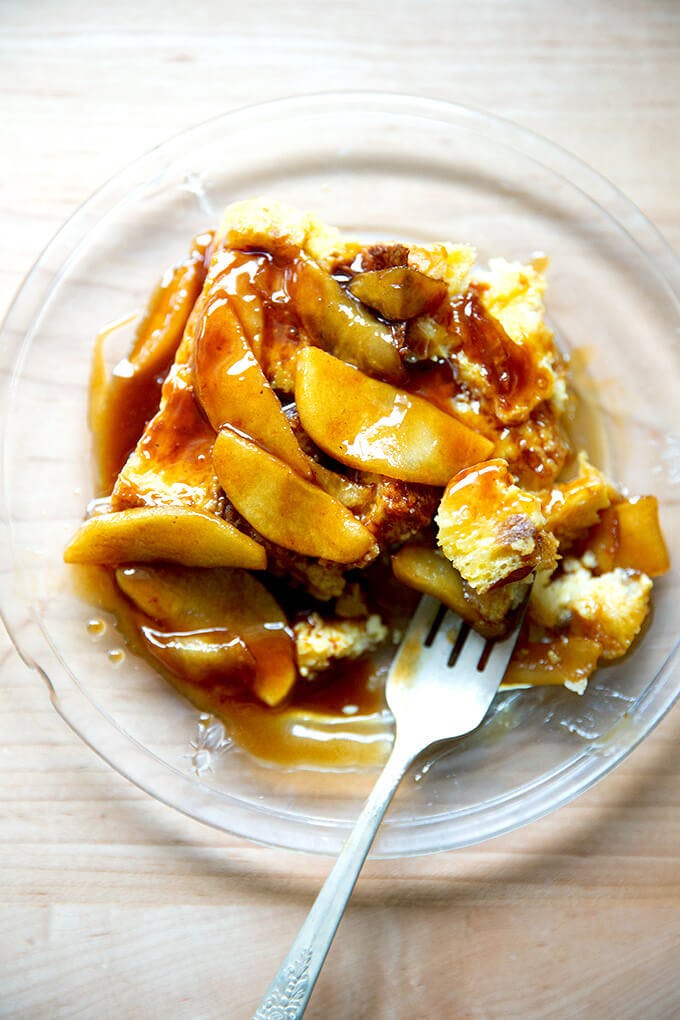 Brioche bread pudding with caramel sauce. 