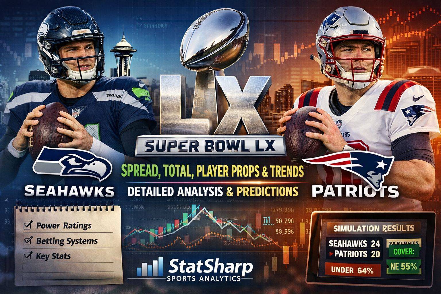 StatSharp’s Super Bowl LX handicap uses our ratings, simulation, injuries, and key stats to find value versus the market.