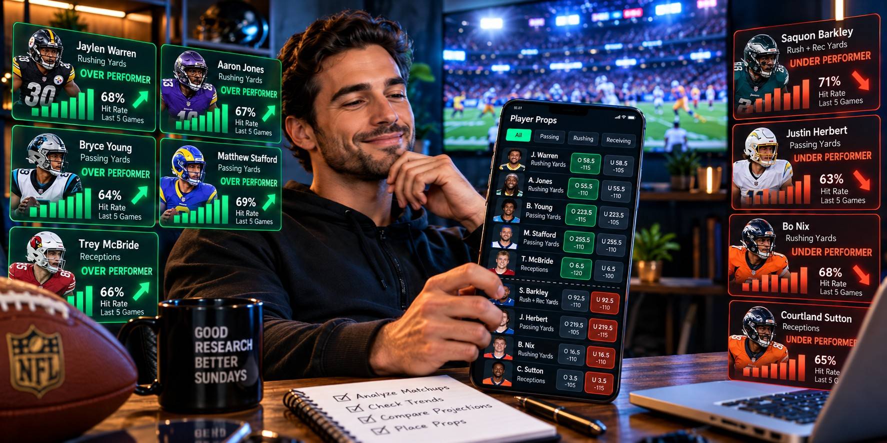 Top-10 simulations, profitable coach trends, player prop standouts and betting systems to know before this weekend’s games.