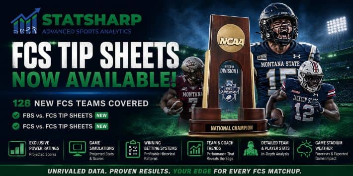 College football is back! Explore new FCS Tip Sheets, upgraded schedules & results, and get ready for Week Zero with StatSharp.
