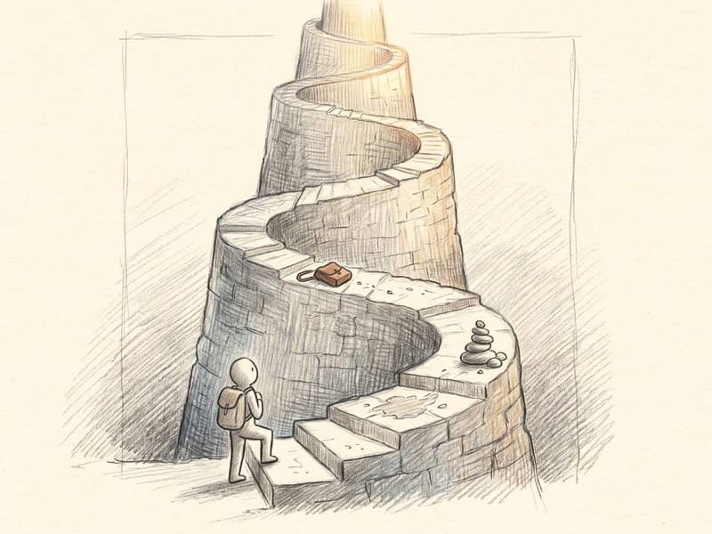 Pencil illustration of a spiral stone path up a spire, with one small figure starting the climb again