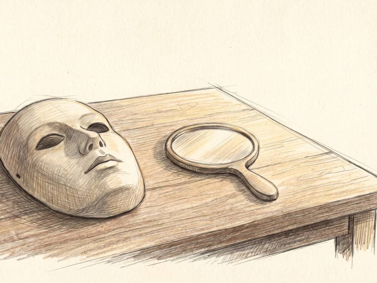 Pencil drawing of a blank theatrical mask and a hand mirror on a wooden table