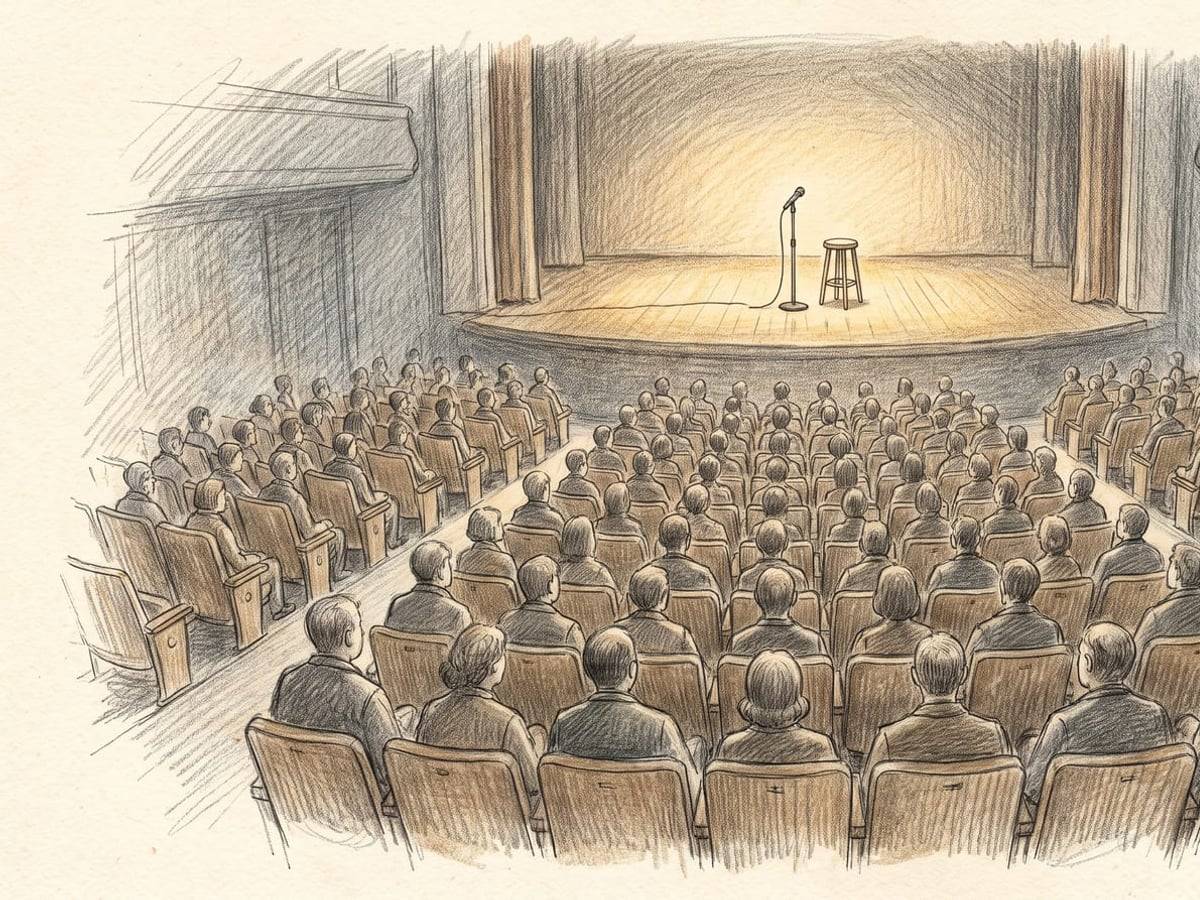 Pencil drawing of an audience facing a lit empty stage with a single microphone