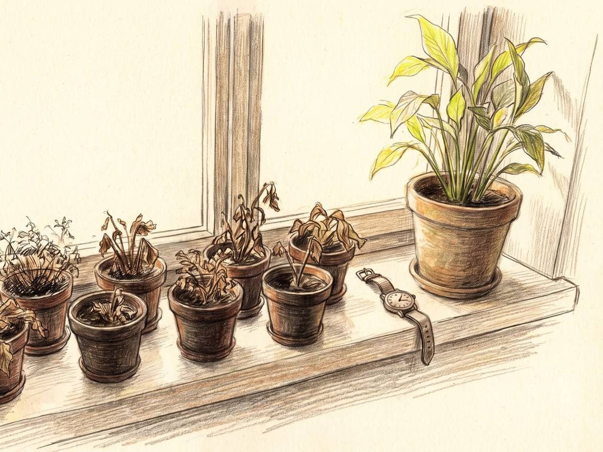 Pencil drawing of seven wilted plants and one thriving plant beside a wristwatch