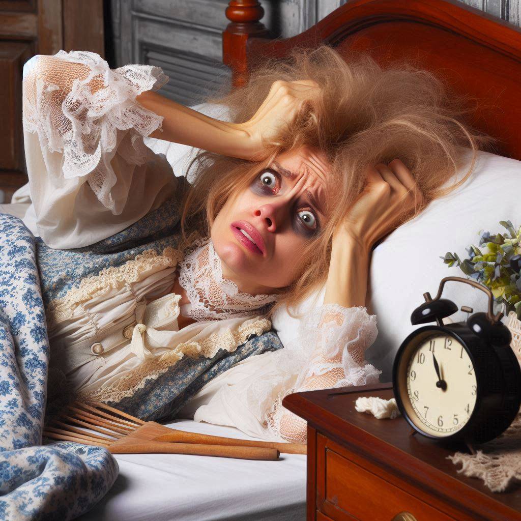 A person lying in bed with an alarmed expression, hair messy and eyes wide open, giving a sense of panic or stress. They are wearing lace-trimmed clothing. An alarm clock shows a few minutes past eight. A comb and some flowers are visible on the bed and n