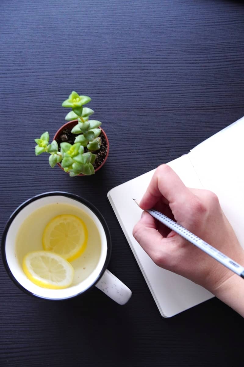 Hand writing in notebook next to lemon water and plant