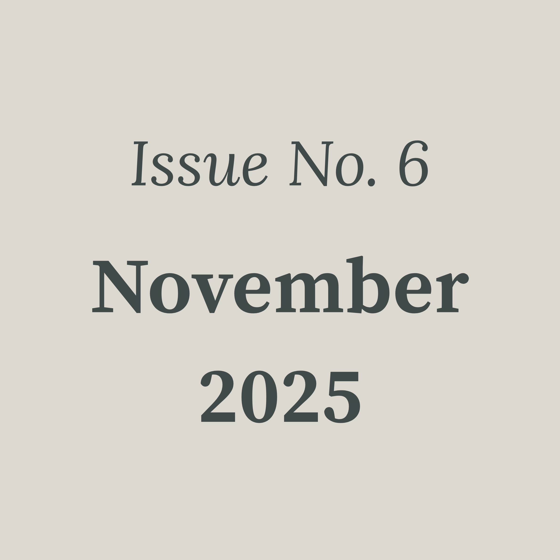 Image with beige background and black text that reads Issue No. 6 November 2025