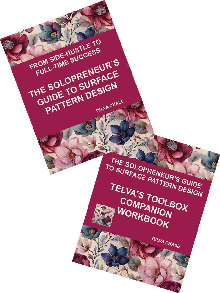 Two book covers are shown with a floral pattern featuring red, blue, and cream flowers. The first book is titled "From Side-Hustle to Full-Time Success: The Solopreneur's Guide to Surface Pattern Design" by Telva Chase. The second book is titled "The Solopreneur's Guide to Surface Pattern Design: Telva’s Toolbox Companion Workbook" by Telva Chase. Both covers have a maroon background for the text.