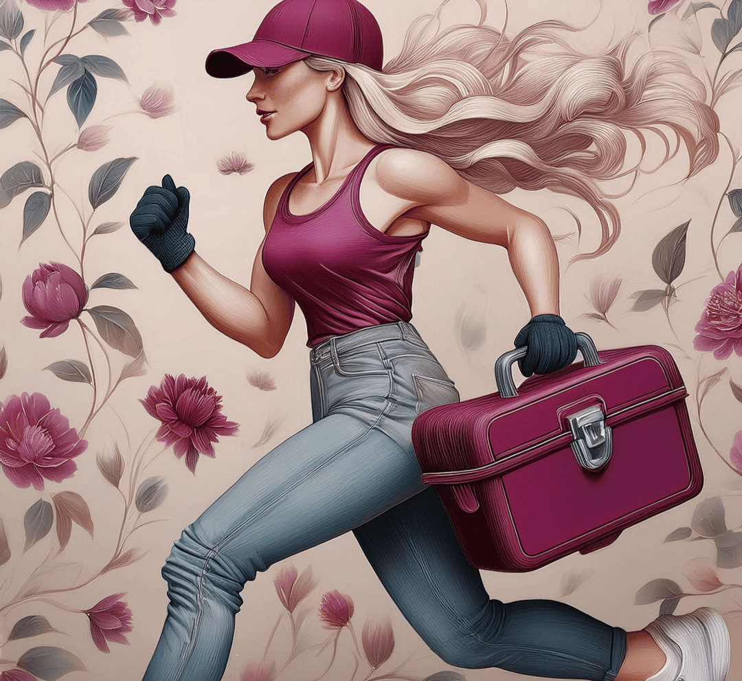 Illustrated image of a woman running with flowing hair, wearing a cap, tank top, jeans, and gloves. She's holding a pink suitcase. The background features a floral design with pink and gray tones.