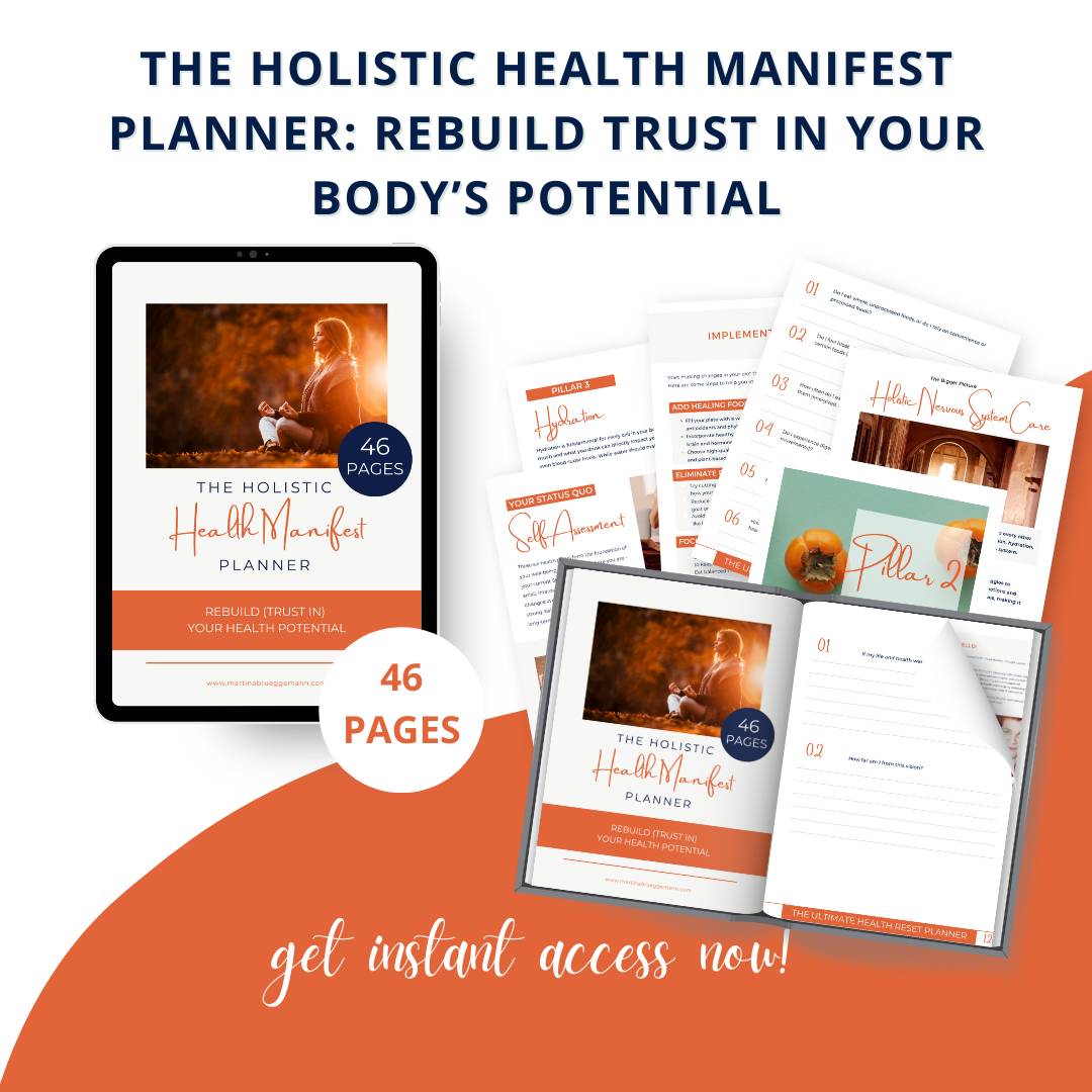 Image of marketing materials for "The Holistic Health Reset Planner." The text reads "Rebuild trust in your body’s potential" and mentions "44 pages." There is an image of a tablet showing the planner cover and several planner pages spread around it. The text at the bottom reads "get instant access now!" in cursive. The design incorporates a warm color palette with orange accents.