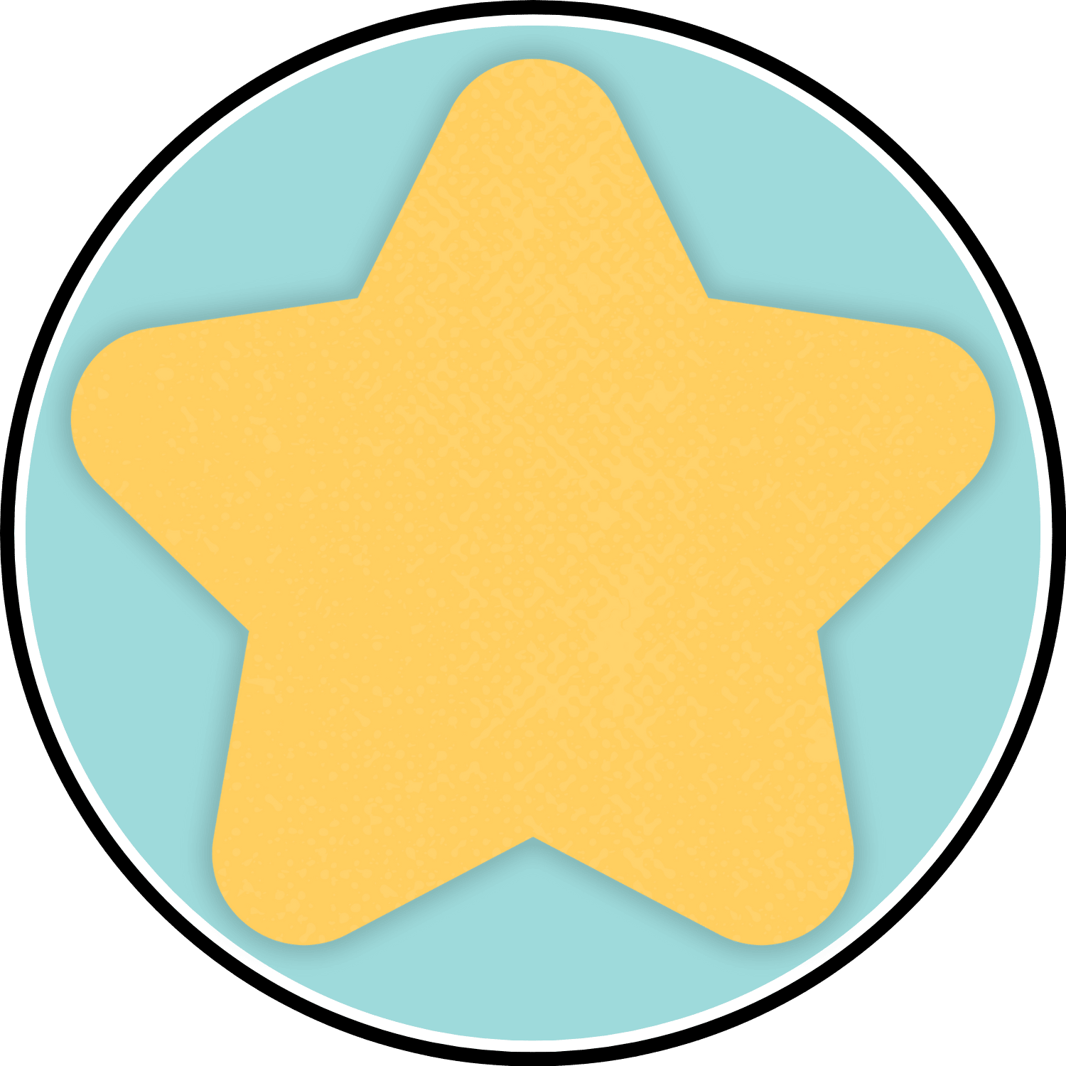 Illustration of a yellow star with a textured surface inside a light blue circle with a white and black border.