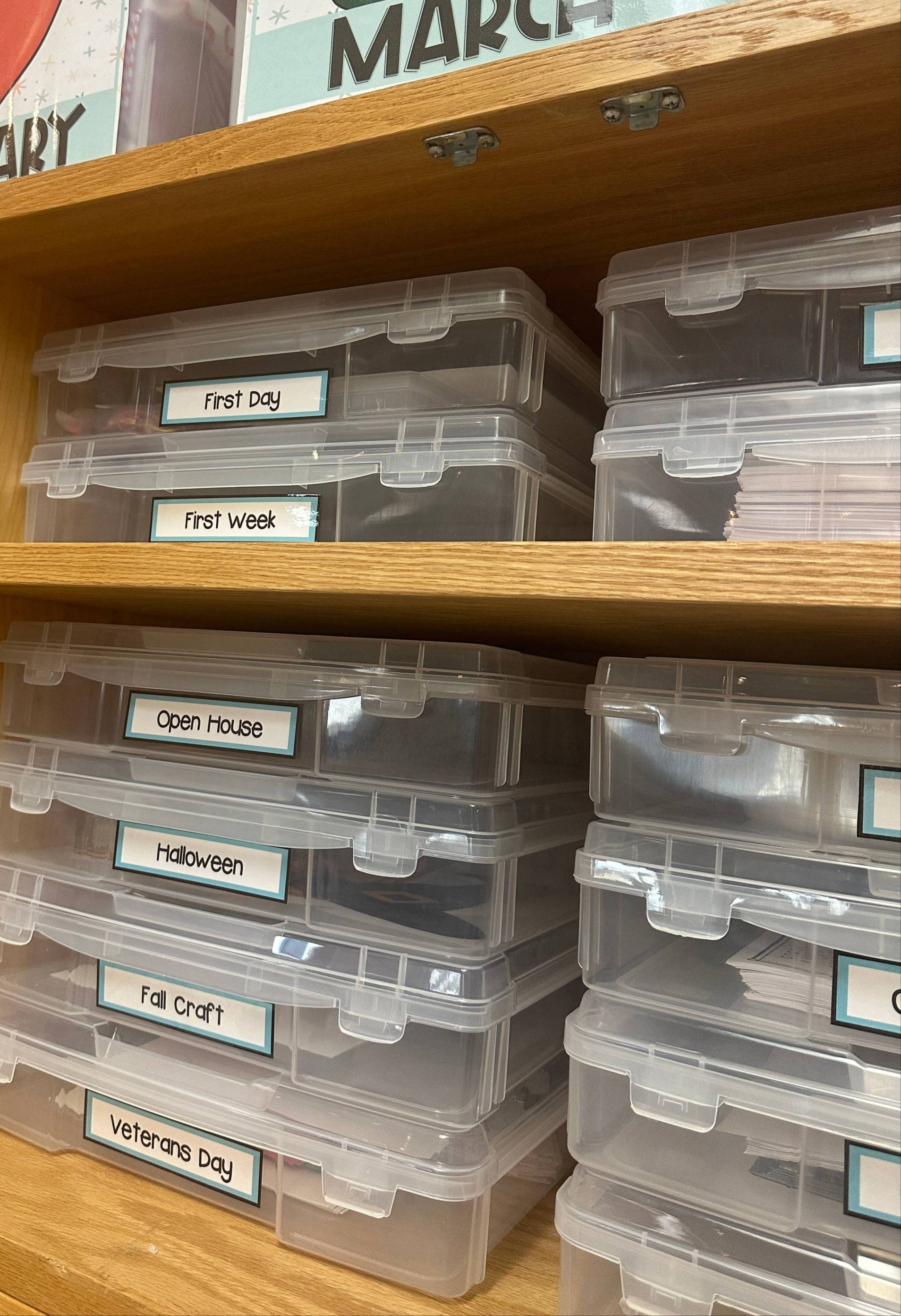 Now, I have labels for everything from the first week of school, Halloween, and parent-teacher conferences to spring crafts, the talent show, and end-of-year celebrations.  So when I have one leftover piece from a project or an extra set of task cards, I 