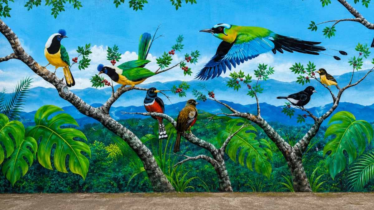 A mural of colorful birds typical to the cloud forests of Colombia like the Green Jay, Masked Trogon, and Motmot