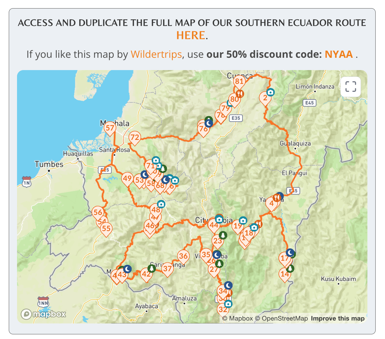 Screenshot of a road trip map of Southern Ecuador
