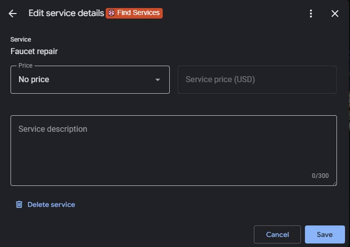 GBP Edit Services Screen