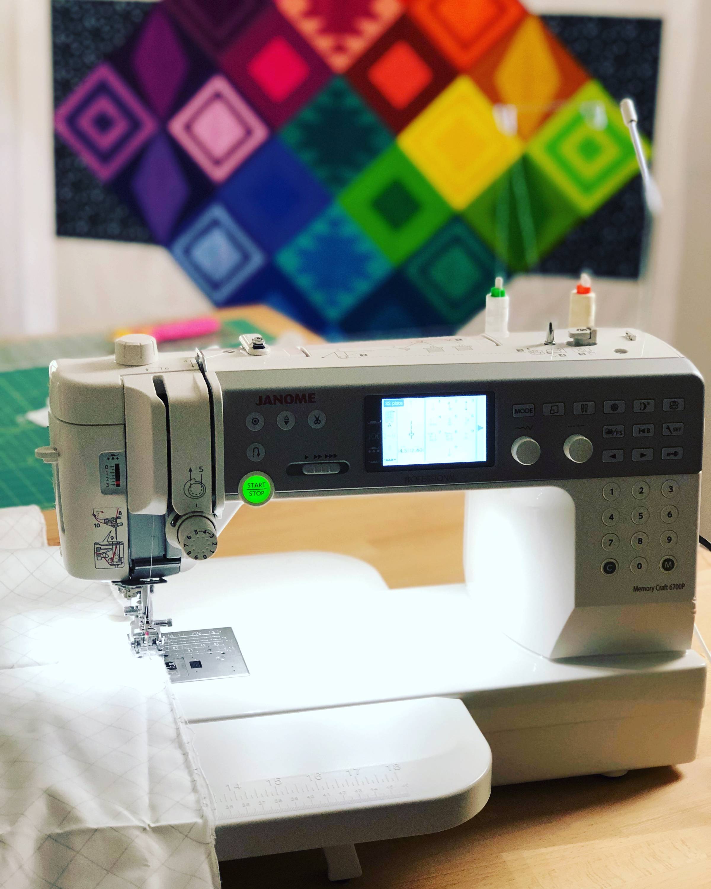 Making the backing for Rainbow Triangles Quilts during a relaxing sewing session.