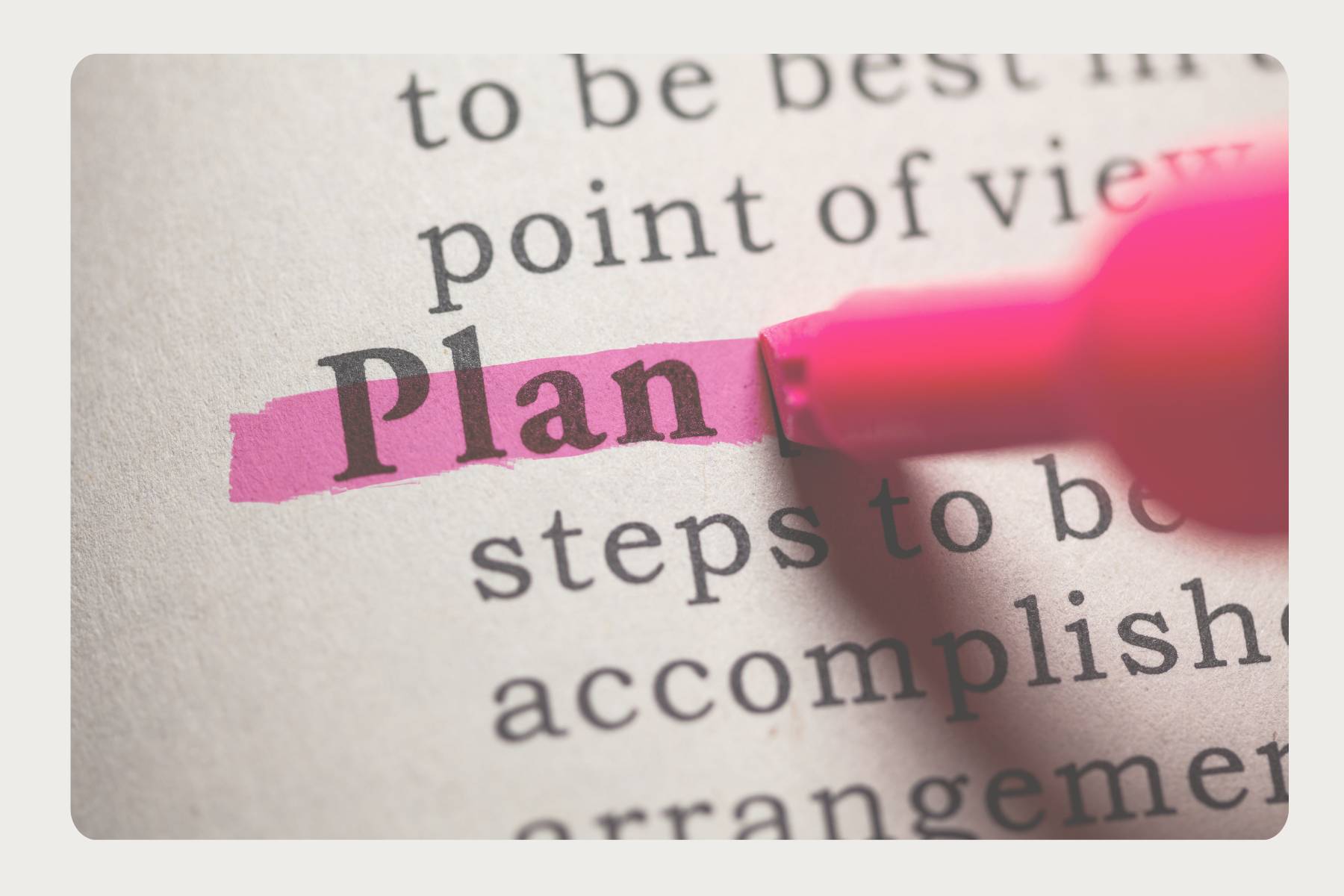 Dictionary text highlighting the word "Plan" with a bight pink highlighter.