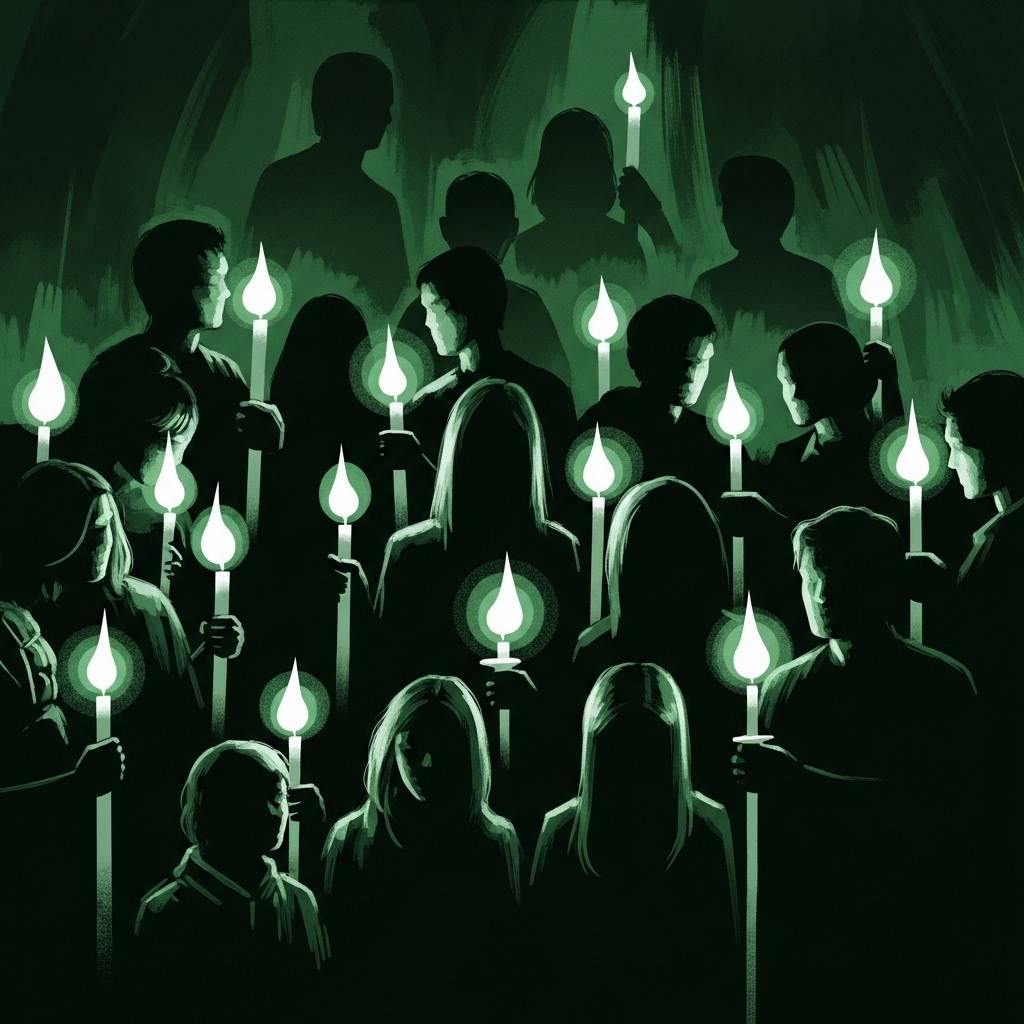 Illustration of silhouetted figures holding glowing white candles during a candlelight vigil, rendered in shades of green and black, creating a solemn and watchful atmosphere