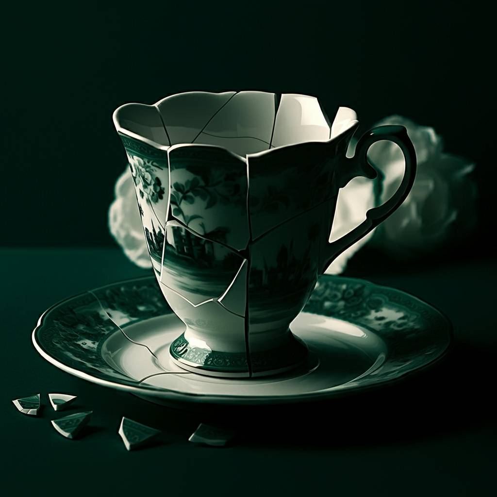 A broken cup and saucer lie on a wooden table, with shards scattered around, indicating a recent accident.