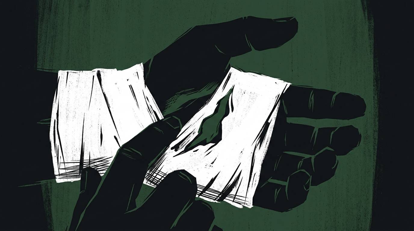 A dark illustrated hand extends outward, palm up, wrapped in a white bandage. The style is high-contrast and graphic, with a deep green background.