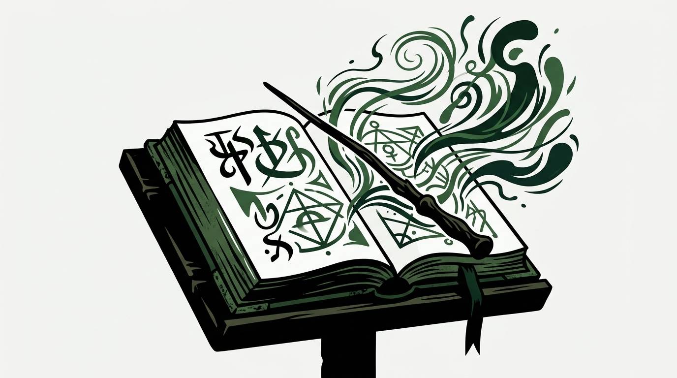 A high-contrast graphic illustration of an open spellbook on a wooden lectern with arcane symbols across the pages, a wand resting diagonally across the spread, and green vapor swirling from the right side. Dark green, black, and cream palette.