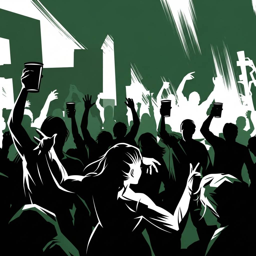 Stylized illustration of silhouetted figures at a wild party, with raised drinks and dynamic poses suggesting excessive revelry and dancing, rendered in dark green and white tones