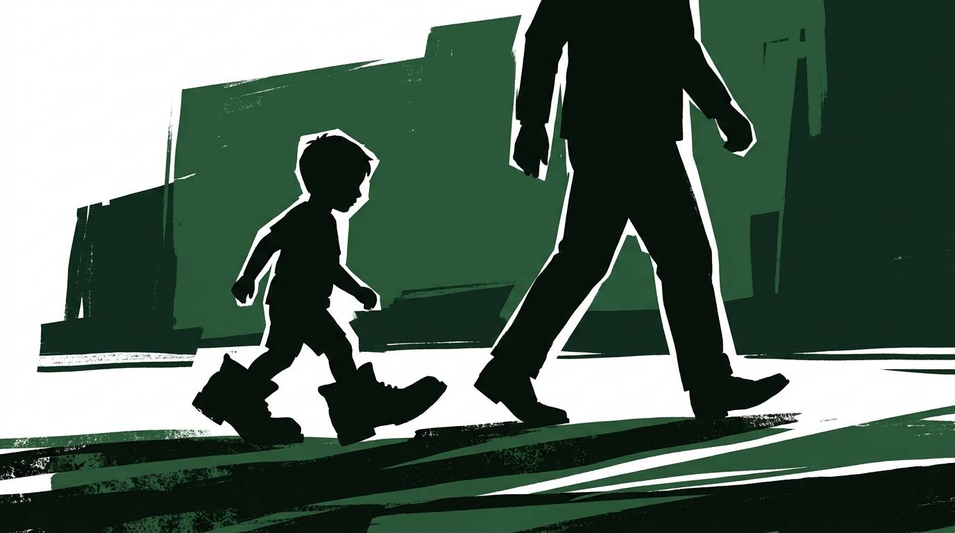 A stylized illustration showing the silhouettes of an adult and a child walking side by side. The child follows closely behind, mirroring the adult’s stride, suggesting imitation or learning by example.