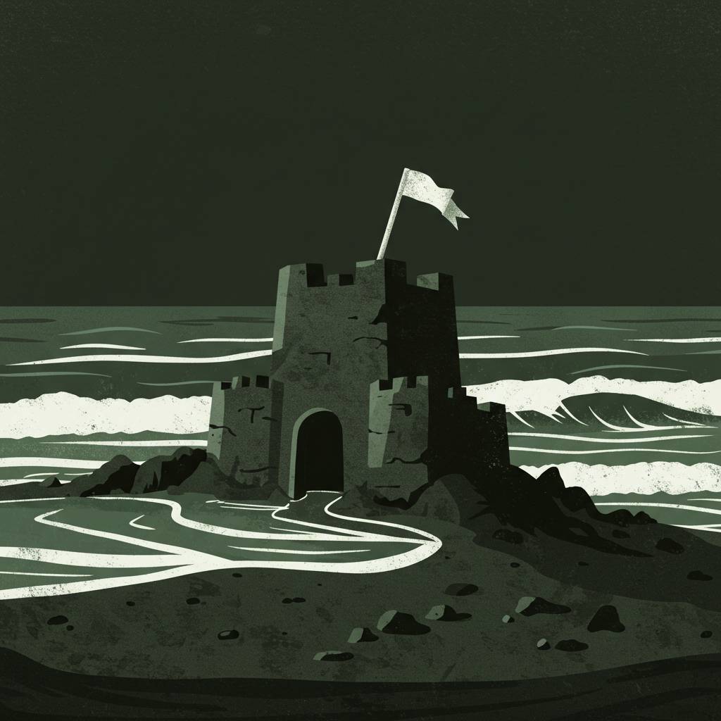 Illustration of a sandcastle standing alone at the edge of the ocean, with a white flag fluttering at the top. Waves crash behind it, and a winding path leads to its arched doorway. The color palette is dark green with light accents, creating a moody, con