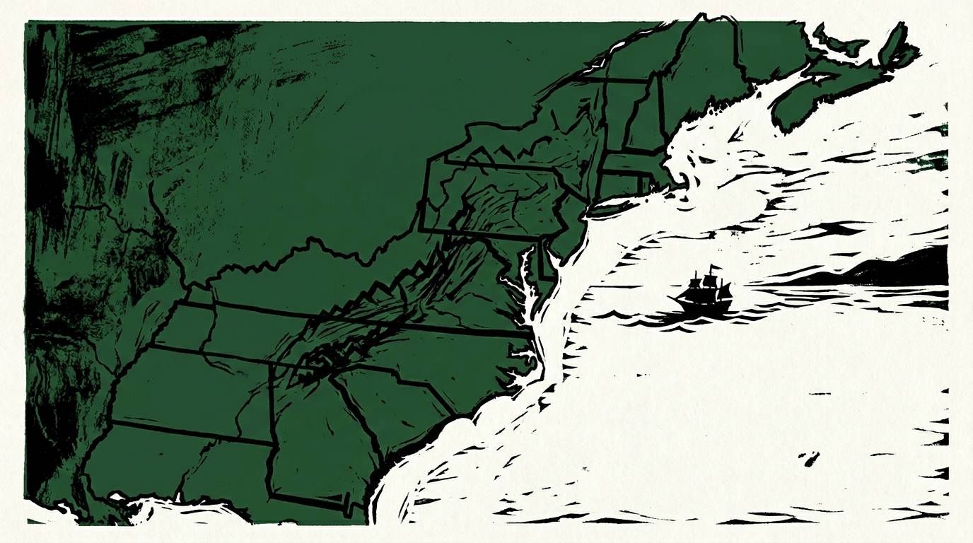 A stylized illustration of the eastern portion of North America, with state boundaries outlined in dark lines. The Atlantic Ocean appears to the right, where a small sailing ship is shown offshore, approaching the coastline.