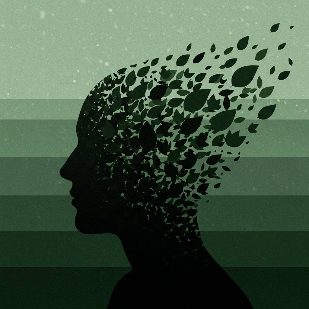 Silhouette of a human head in profile, composed of dark green leaves. The leaves scatter and dissolve toward the back of the head, symbolizing memory loss or fragmentation. The background features horizontal gradient bands in various shades of green, evok