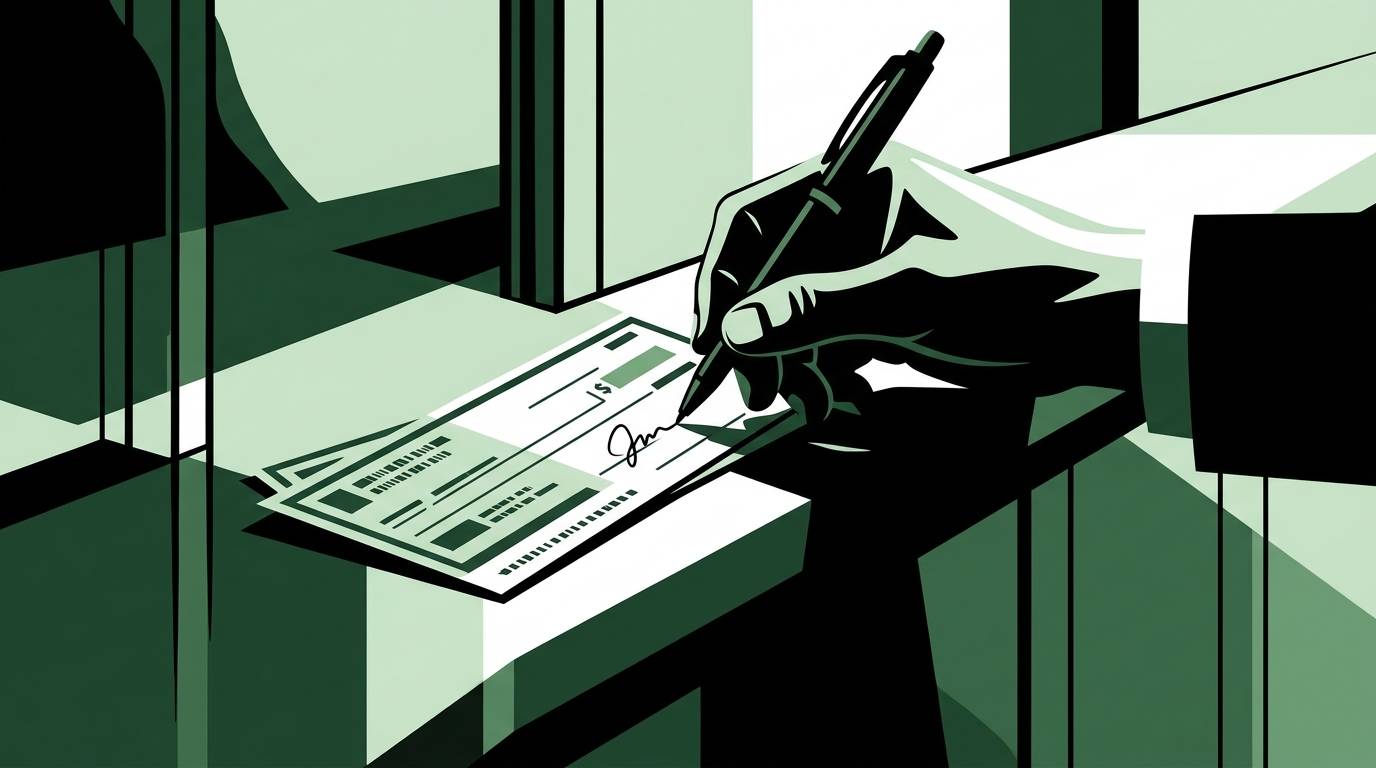 A hand holding a pen signs a check on a desk, with a window visible in the background.