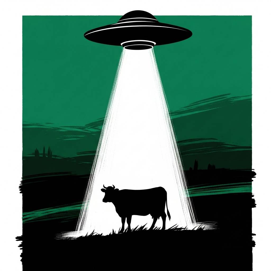 illustration of a flying saucer hovering above a silhouetted cow standing in a beam of light against a green evening sky