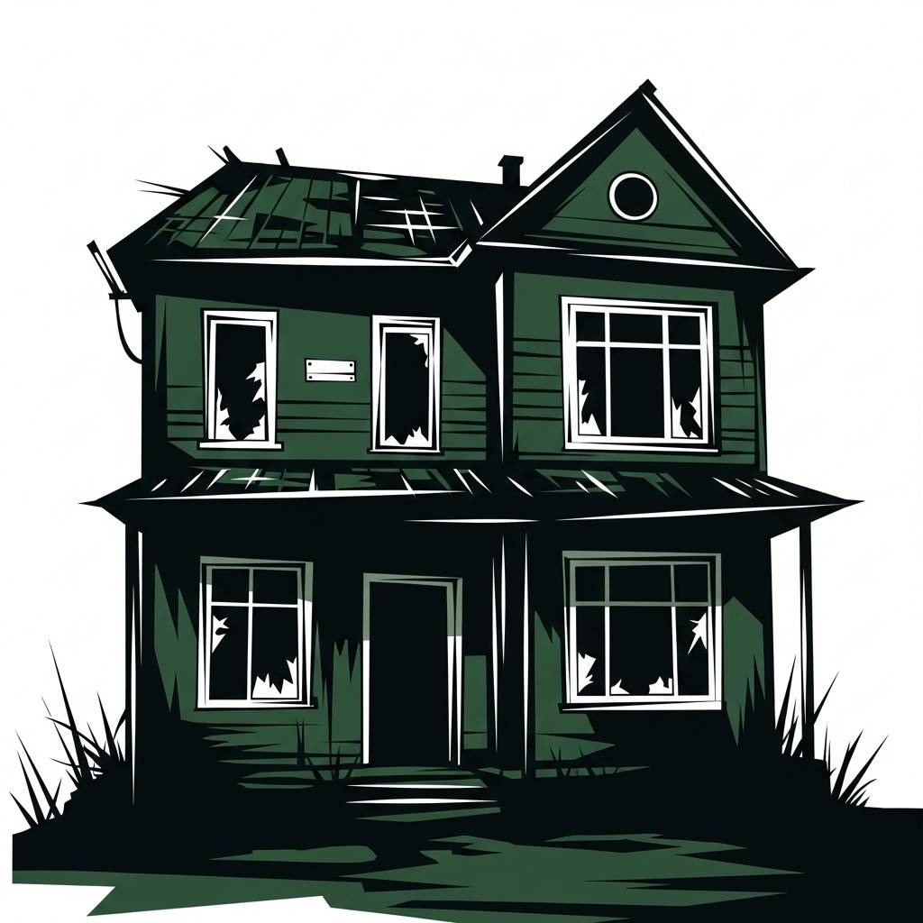 Illustration of a derelict two-story house with dark green siding, broken windows, a partially collapsed roof, and overgrown grass in the foreground