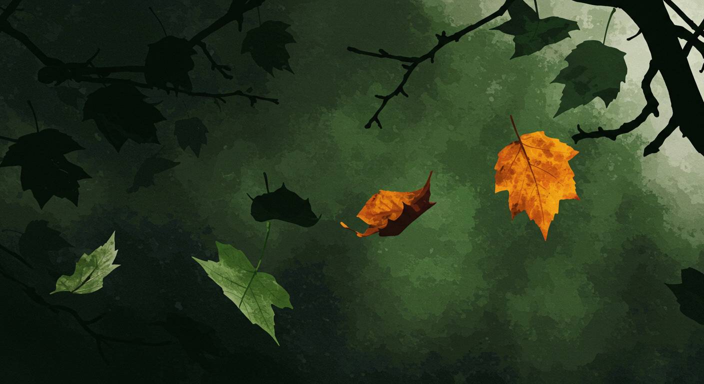 Illustration of autumn leaves falling from tree branches against a dark green background. Two leaves are orange and brown, signifying seasonal change, while others remain green or are silhouetted in shadow.