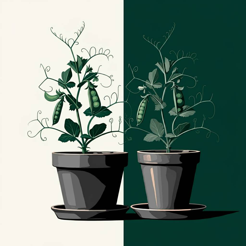 A digital illustration features two potted pea plants side by side, each growing in a black ceramic pot with a matching saucer. The background is split vertically into two contrasting halves—one light and one dark—mirroring the plants’ coloration. The lef