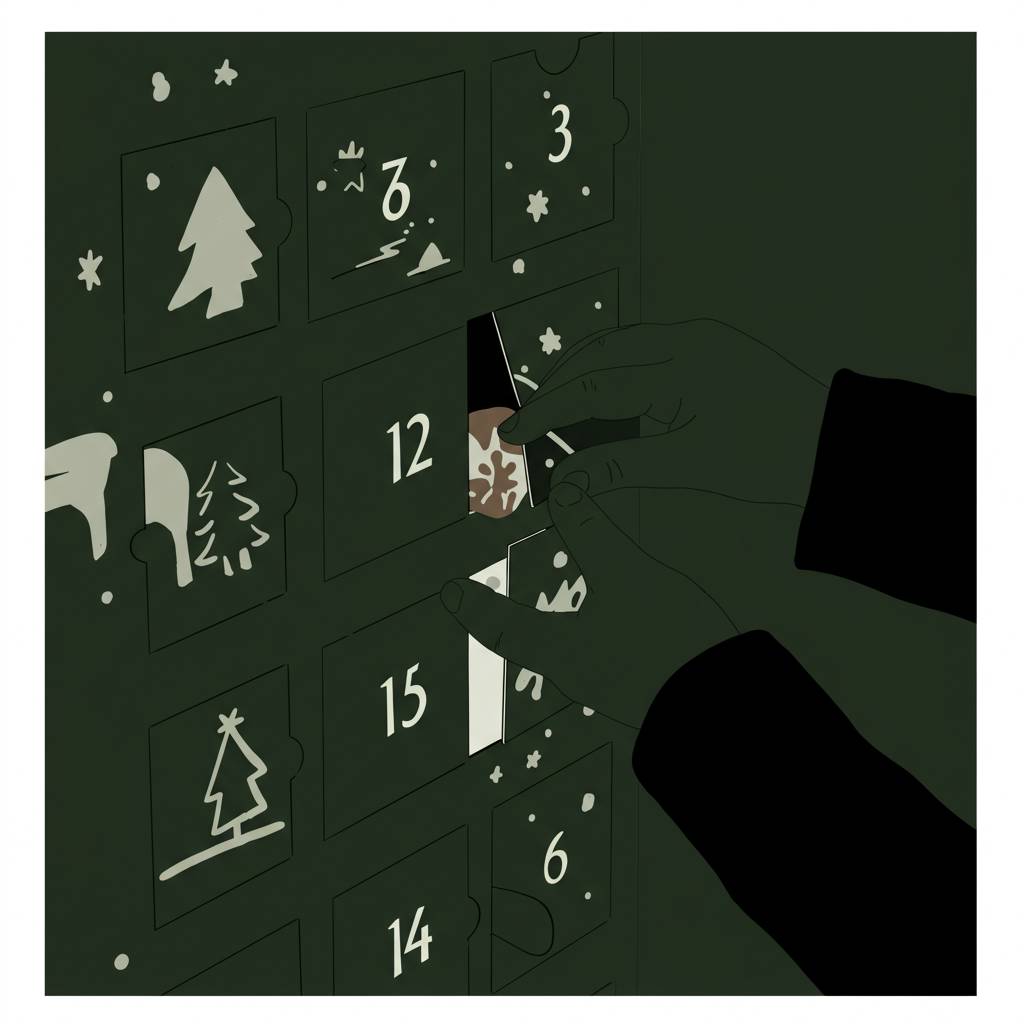 A hand opens the small door labeled ‘12’ on an advent calendar, revealing a piece of chocolate decorated with a festive design. The calendar has other numbered doors with holiday-themed illustrations like trees and snowflakes.
