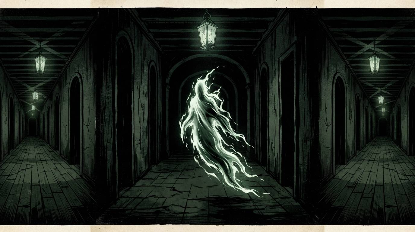 A pale, wispy ghostly figure drifts down a dark stone corridor lined with arched doorways and glowing hanging lanterns, in a grainy green-and-black illustration.