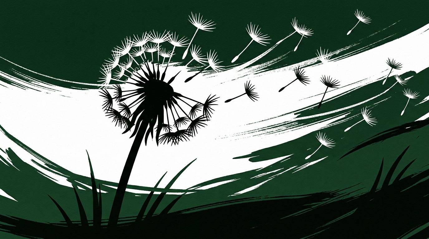 A graphic illustration of a dandelion in silhouette, its seeds scattering in the wind against a sweeping brushstroke background of dark green and white.