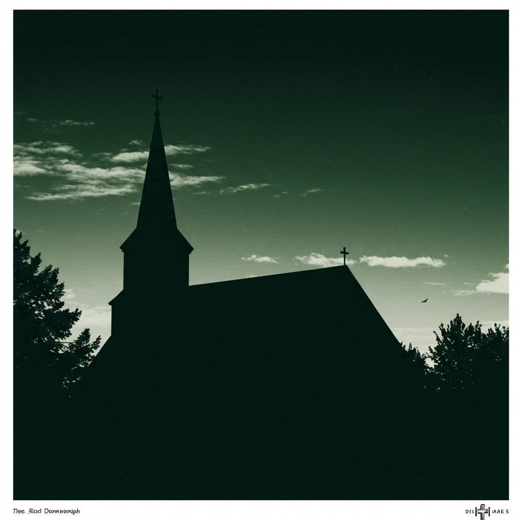 A dark silhouette of a church contrasts with a vibrant sky, creating a striking visual against the evening light.