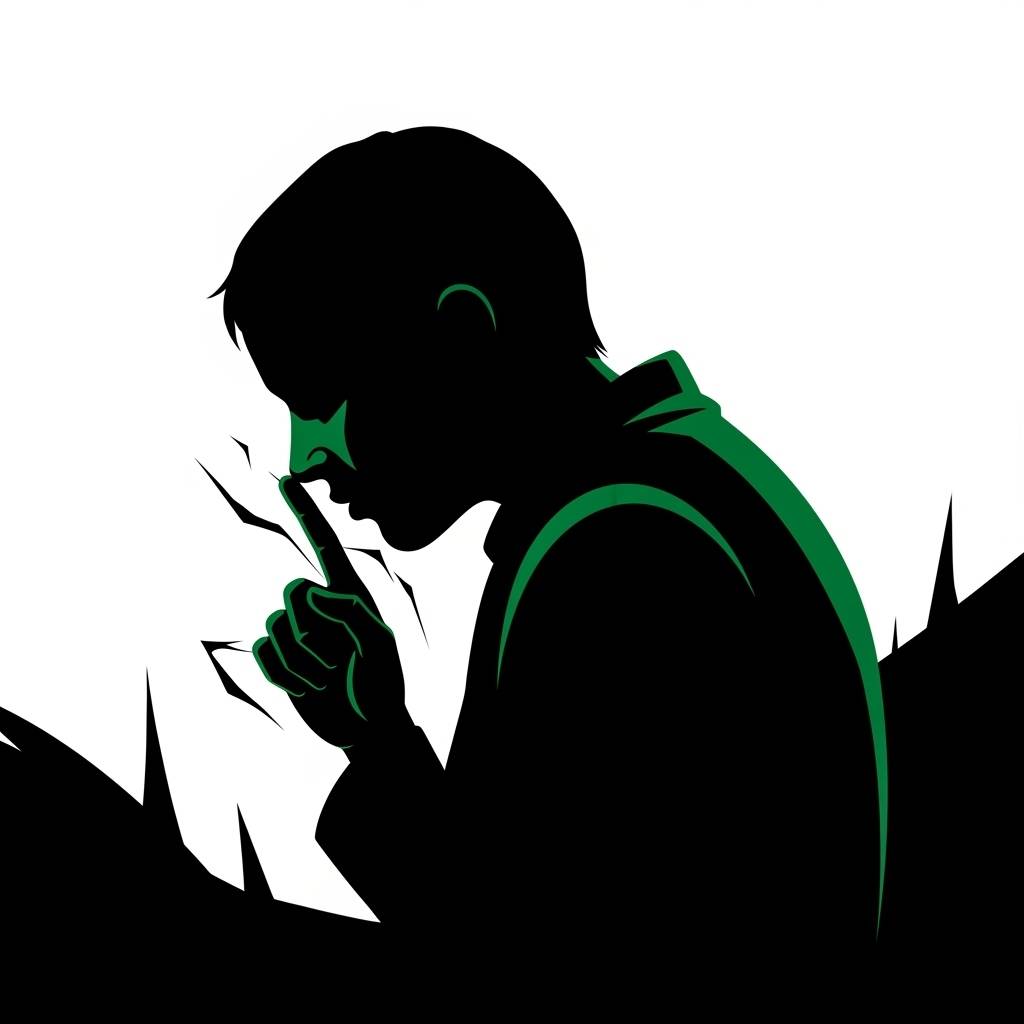Black silhouette of a person's head and shoulders in profile view, facing left, with one finger raised to their lips in a universal 'be quiet' gesture. Green accent lines outline the figure's hair, collar, and gesture.