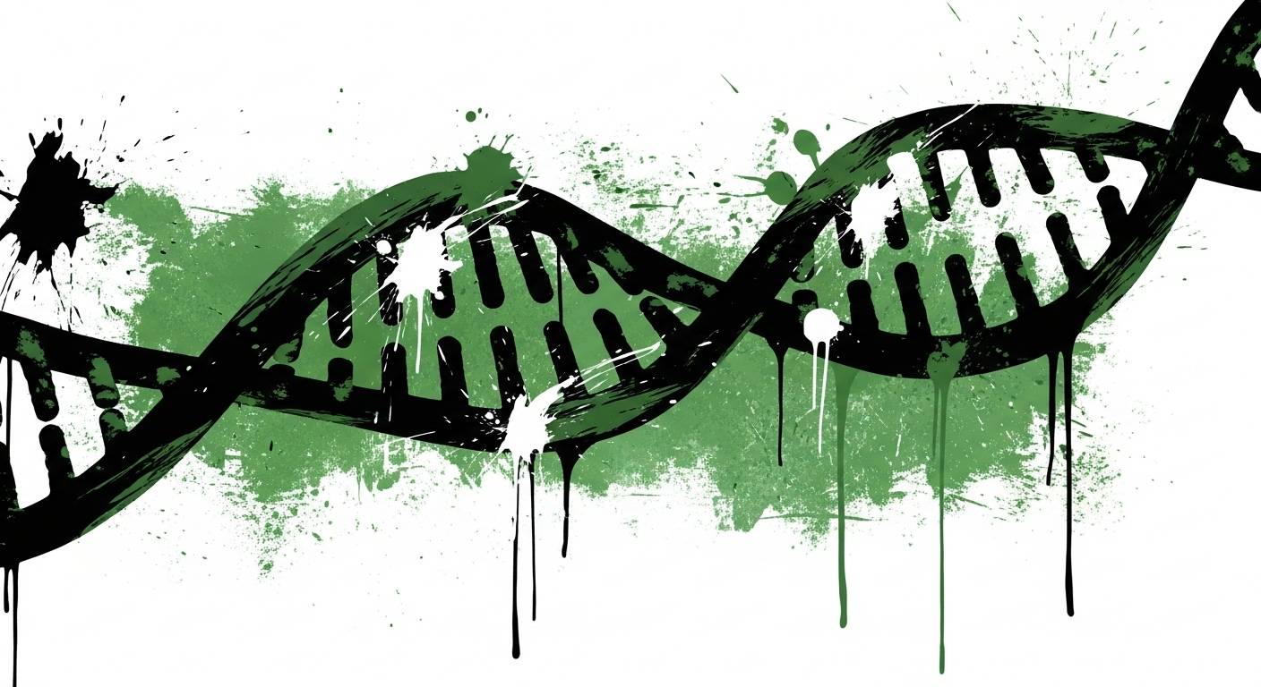 Stylized DNA double helix in black and green with paint splatter and drip effects, representing inherent genetic traits