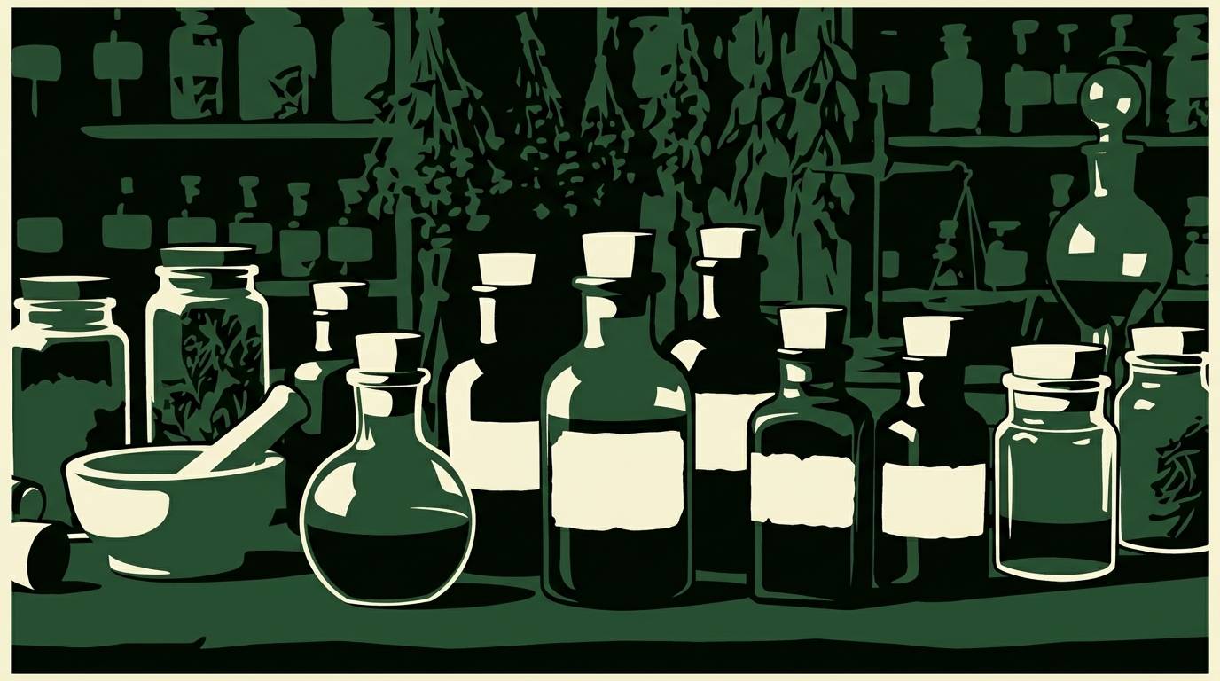 A high-contrast graphic illustration of an apothecary scene with corked glass bottles, a mortar and pestle, hanging dried herbs, and shelves of jars, rendered in dark green, black, and cream.